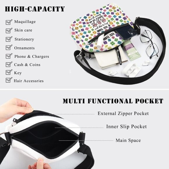 Bunco Crossbody Bag Canvas Zipper Pockets Water-Resistant Gift for Gamblers - Picture 4 of 7